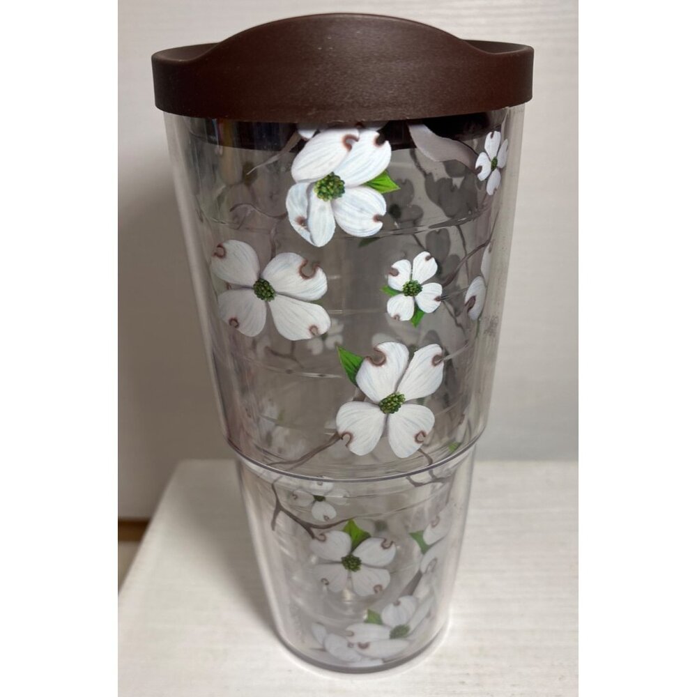 Tervis Tumbler Dogwood Flower With Brown Lid 24 Oz Clear Plastic 7.5" Tall